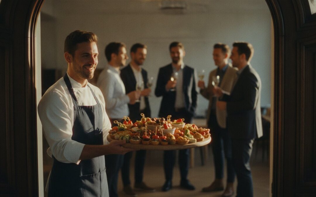 Chef traiteur Twenty Peas présentant un plateau de canapés lors d'un apéritif d'entreprise à Paris