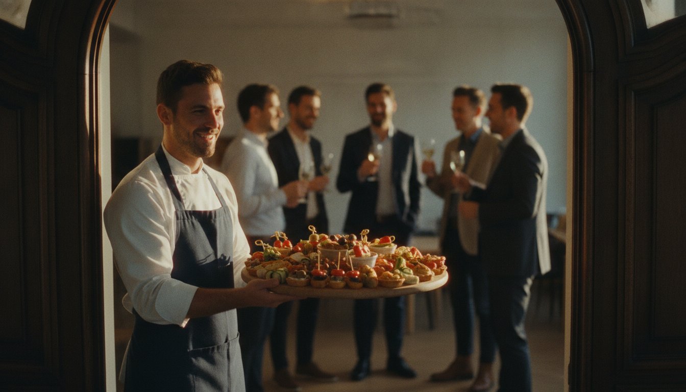 Chef traiteur Twenty Peas présentant un plateau de canapés lors d'un apéritif d'entreprise à Paris